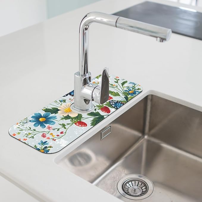 1 PC 15.4*5.7 Inch Absorbent Faucet Mat for Kitchen, Butterfly Sink Splash Guard, Fast Drying Kitchen Faucet Mat for Bathroom Kitchen