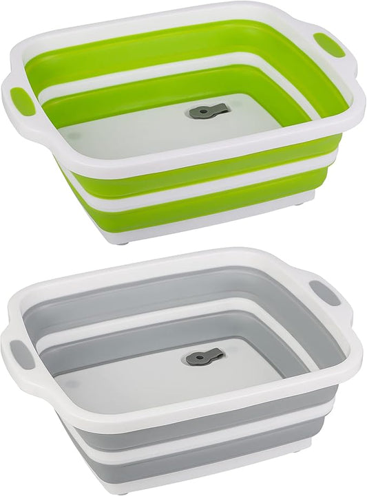 2 Pack Collapsible Cutting Board, Foldable Dish Tub with Draining Hole, Portable Chopping Board with Colander, 3 in 1 Multifunction Camping Sink for Washing Dish, Bowl, Vegetables and Fruit