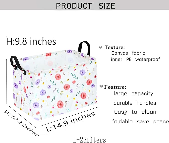 KUNRO Rectangle Flower Patter Storage Basket Gift Shelf Basket Storage Bin, Nursery Basket Organizer Box for With Handles for Room Deco