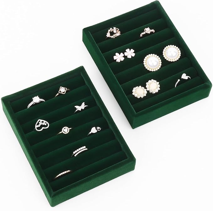 DesignSter Small Jewelry Tray-Ring Organizer 2PCS Premium Velvet Rings Earrings Display Tray Storage Insert Holder for Jewelry Box, Drawer, Dresser (8 Slots, Green)
