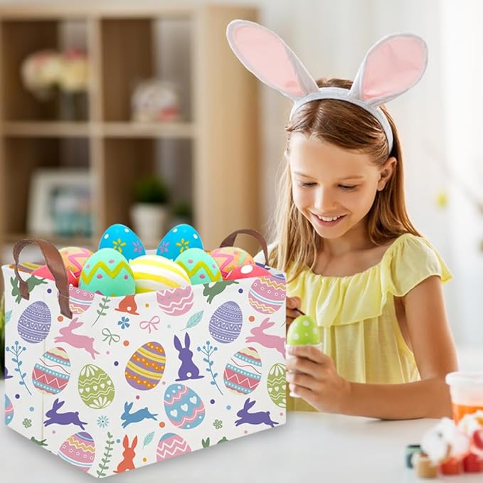 FXOLCSHE Rectangular Easter basket,Nursery Hamper,Collapsible waterproof baby toy storage box for Kids,Toy Organizer,Home Decor,Gift Baskets(Cute egg)