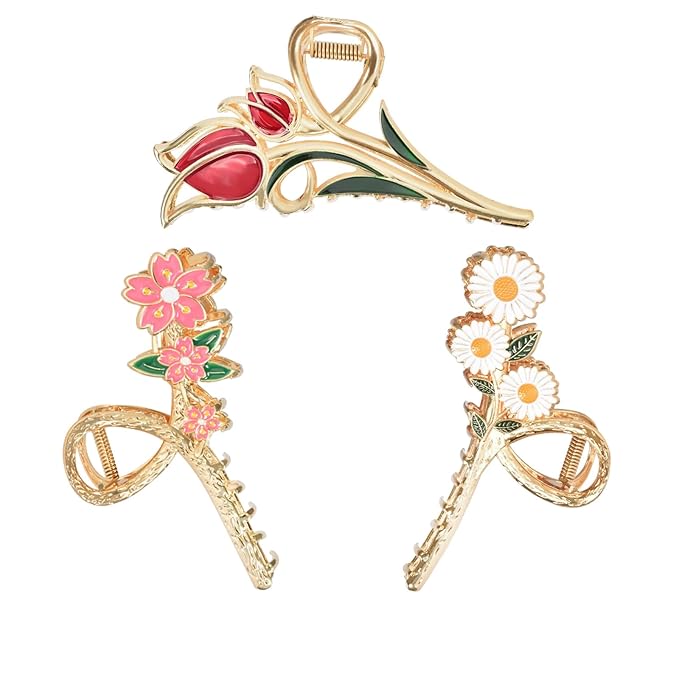 3-Piece Floral Metal Hair Clips: Orchid, Tulip, Daisy Barrettes for Thin/Medium Thick Hair - Elegant Strong Hold Non-Slip Catch Clip Accessories