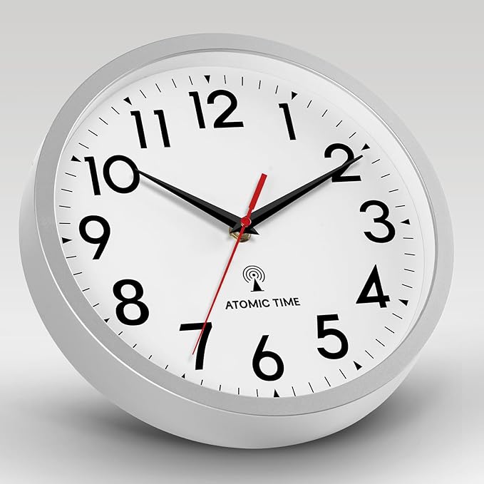 Atomic Wall Clock Analog 14 Inch Battery Operated Modern Decorative for Living Room Kitchen Office Bedroom Bathroom (Silver)