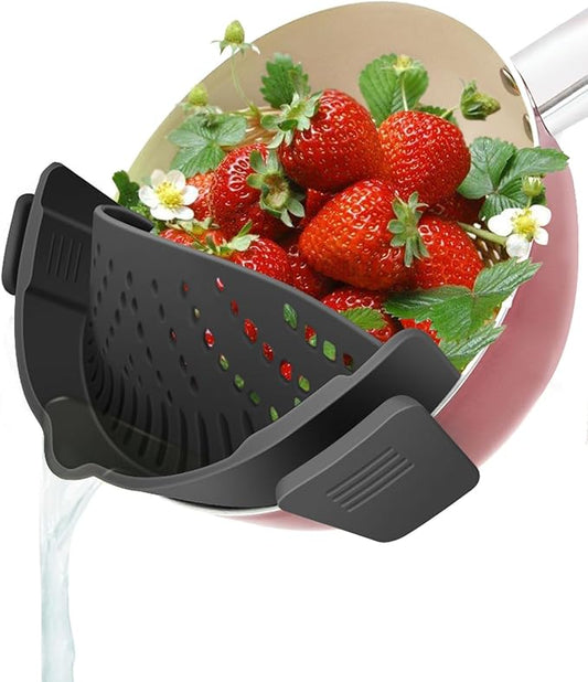 YEVIOR Clip on Strainer for Pots Pan Pasta Strainer, Silicone Food Strainer Hands-Free Pan Strainer, Clip-on Kitchen Food Strainer for Spaghetti, Pasta, Ground Beef Fits All Bowls and Pots (Black)