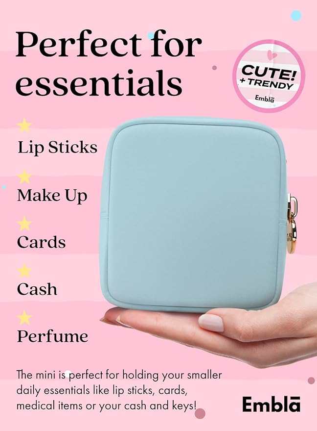 Embla Makeup Bag Travel Cosmetics Pouch and Toiletry Bag, Nylon Zipper Pouch Purse, Cute Make Up Organizer Storage Tote for Women Girls, Waterproof Travel Skincare Case, Small Makeup Bags, Sky Blue