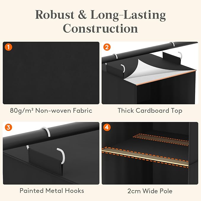 Lifewit 5 Tier Hanging Closet Organizer and Storage for Shelves, Foldable Clothes Storage Shelf with 2 Sturdy Hooks for Clothing Organization, Dorm Room Essentials for Guys, Black