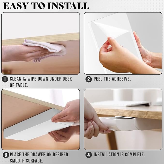 2 Pack Under Desk Drawer Organizer, Slide Out Storage for Pens, Cables & Office Accessories with Self Adhesive, No Drill Installation, Hidden Desk Storage for Office and Home