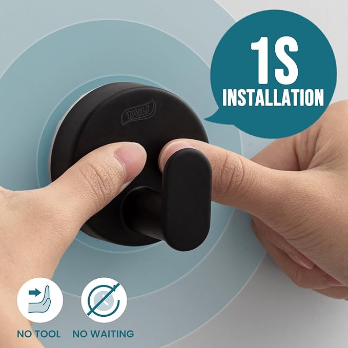 TAILI 304 Stainless Steel Bathroom Suction Hooks for Towel, Bathrobe, Loofah, No Damage Hanging Glass Shower Wall Hook, Patented Strong Suction Cup Holder, Hold Up to 11 Lbs, 2 Pack, Black