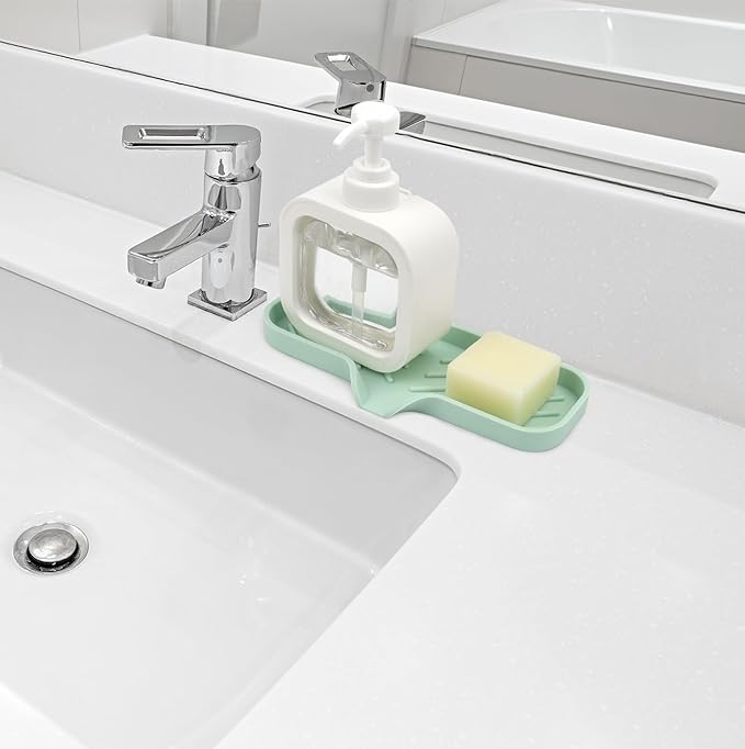 YASMEN Silicone Bathroom Soap Dishes, Sink Sponge Holder for Kitchen, Rubber Soap Dish with Drain, Shower Soap Sponge Tray, Sink or Counter Organizer, for Bar Soap, Bottle, Dish Soap Dispenser- Green