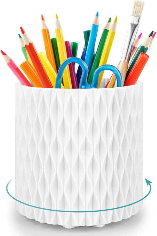 White Pen Holder for Desk, 360 Degree Rotating Desk Organizer with 5 Compartments, Pen Pencil Makeup Brush Holder, Cosmetics Lipsticks Pen Organizer for Home Office School