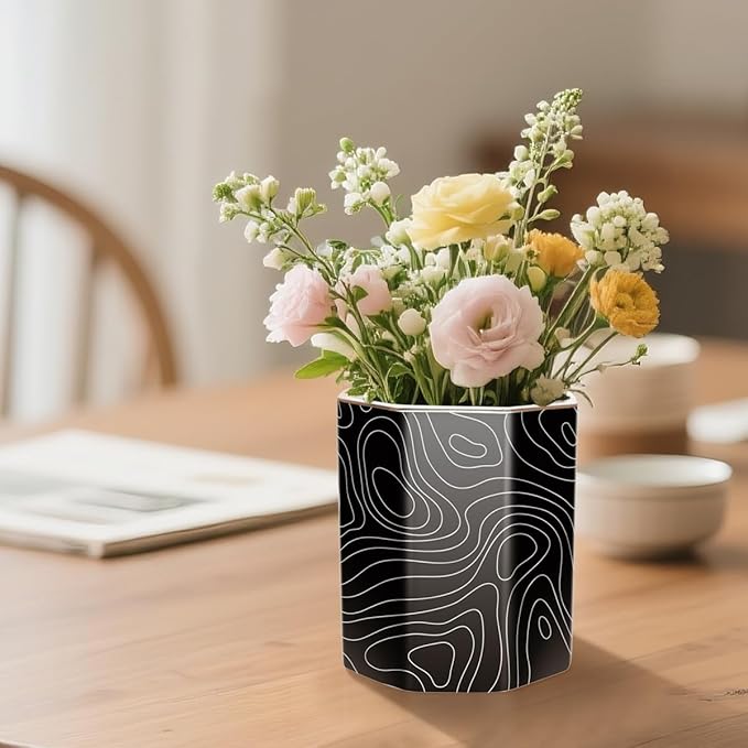 WAVEYU Pen Holder, Pencil Cup for Desk, Cute Desk Organizer, Durable Ceramic Decorative Makeup Brush Desktop Accessories, Stylish Stationery for Office, Home, Abstract Pattern