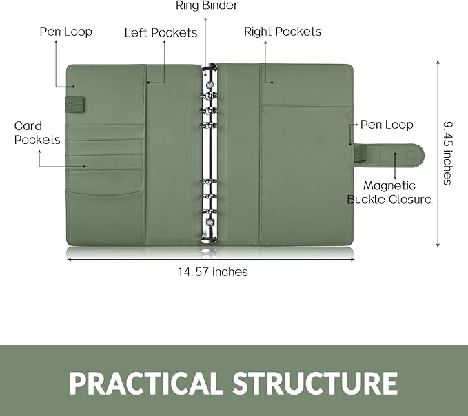 Sooez A5 Notebook Binder, 6 Ring Planner with Stylish Design, Loose Leaf Personal Organizer Cover with Magnetic Buckle Closure, PU Leather Binder for Women with Soft Colors (Olive Green)