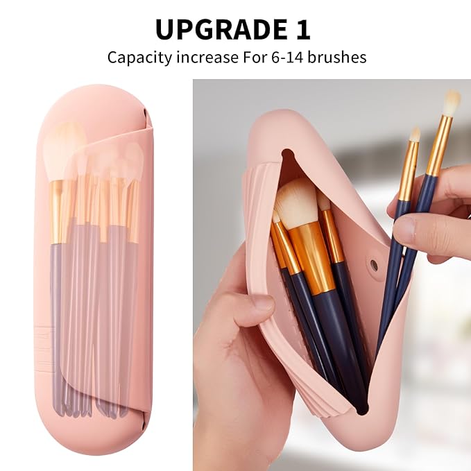 AGIKET Silicone Makeup Brush Holder Travel Cosmetic Bag：Soft Portable Cosmetic Face Brushes Holder with Upgrade Anti-Fall Out Magnetic Closure, Large Travel Makeup Brush Case - Pink Sand