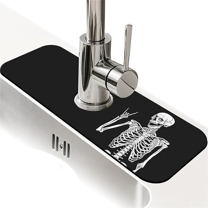Kitchen Sink Splash Guard, Black Funny Skull Faucet Mat Sink Gadgets - Super Absorbent Fast Drying Mat Drip Catcher for Kitchen, Bathroom, Sink Mat, Dish Drying Mat, Bathroom (15" x 5.5")