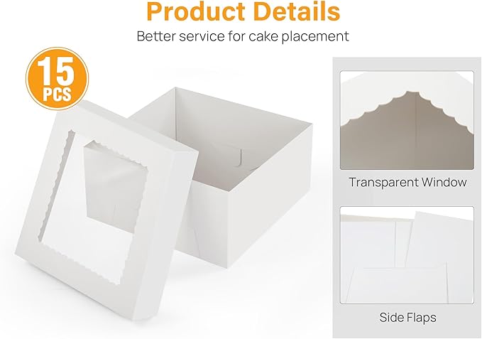 Kootek 15pcs Cake Boxes, 12x12x6 Inches Cake Box with Window, White Bakery Boxes, Large Baking Boxes, Square Cardboard Cake Box for Cakes, Baked Goods, Cake Decorating Supplies for Gift Giving
