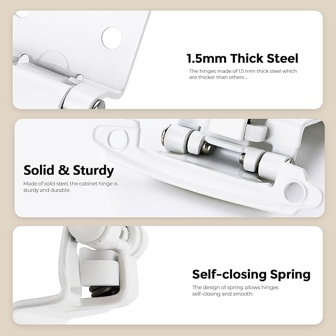 2 Pack 1 Pair White Cabinet Hinges - 1/2 inch Overlay Kitchen Cabinet Hinges, Semi-Concealed Hinges, Self Closing Cabinet Door Hinges with Door Bumper, White Face Mount Cabinet Hardware