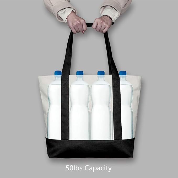 TOPDesign 1 | 3 | 6 | 30 Pack Canvas Tote Bag with an External Pocket, Reusable Grocery Shopping Bag, Top Zipper Closure, Daily Essentials (Black/Natural Pack of 1)
