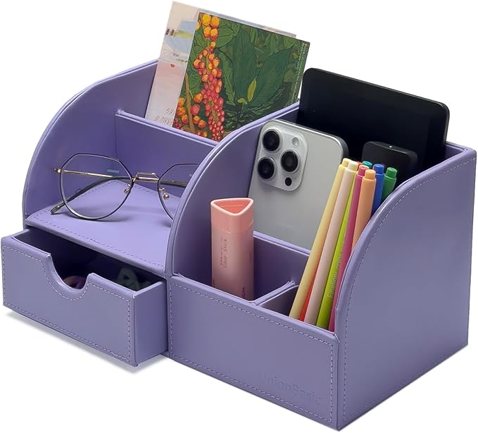 UnionBasic Desk Organizer - Multifunctional Leather Desktop Pen Holder Storage Box - Business Card/Pen/Pencil/Mobile Phone/Stationery Holder, Purple