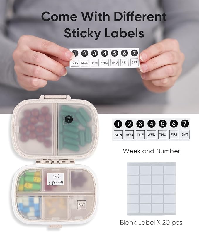 Holii Travel Pill Organizer, 8 Compartments Portable Pill Case, Daily Pill Box to Hold Vitamins, Small Pill Container for Pocket Purse Medicine Organizer（Khaki）