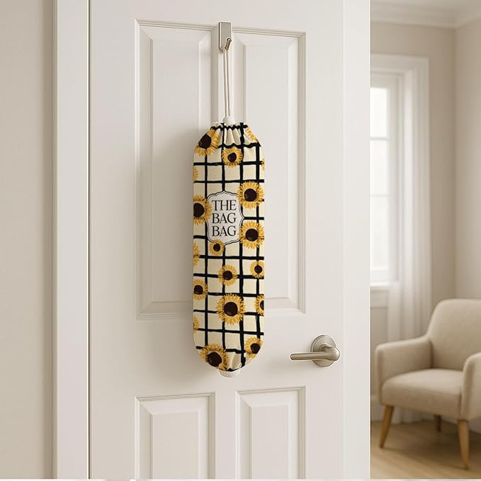 Sunflower Plastic Bags Holder, The Bag Bag Grocery Bags Holder for Kitchen Essentials, Reusable Hanging Grocery Sack Organizer, Floral Reusable Plastic Sack Storage Dispenser for Home Kitchen Decor