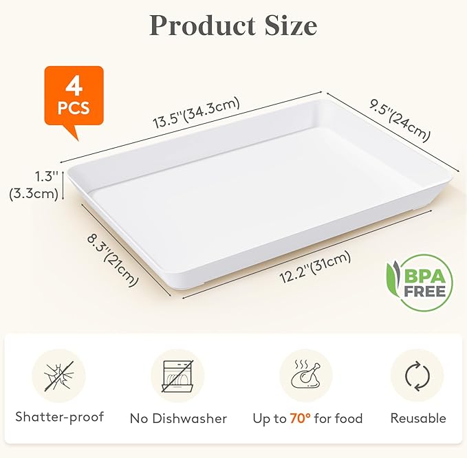 Lifewit Plastic Serving Tray for Party, 4 Pcs White Trays for Serving Food, Reusable Platters for Buffet, Fruit, Cookie, Charcuterie, Appetizer, Snack, Rectangle, New Year Party Supplies, BPA Free