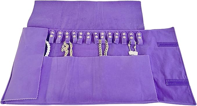 UnionPlus Velvet Travel Jewelry Roll Bag Organizer for Necklace, Elastic Band and Anti-winding, Purple