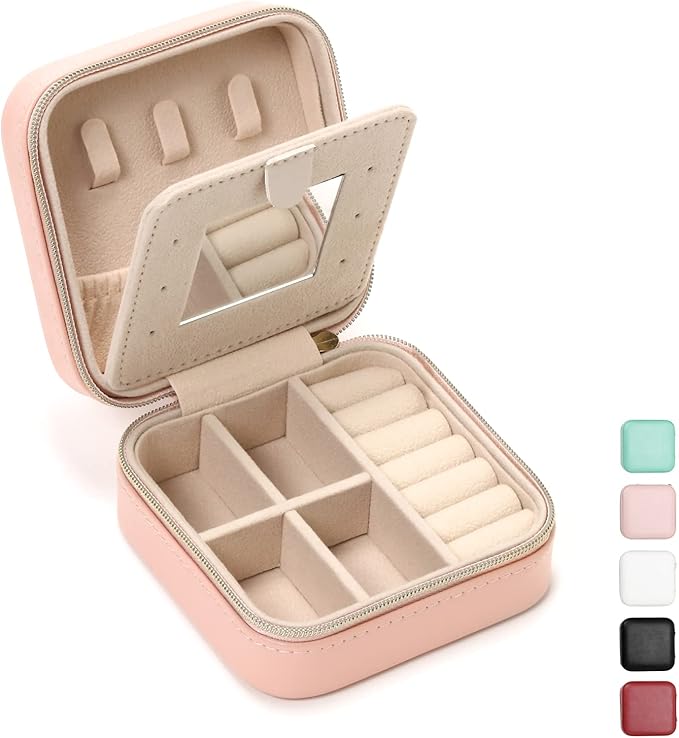 Jewelry Case with Mirror, Small Travel Jewelry Organizer, Portable Mini Storage Box for Rings, Earrings, Necklaces, Gift for Mother Mom, Girl, Daughter, Sisters, Bridesmaids, Mother's Day Gift (Pink)