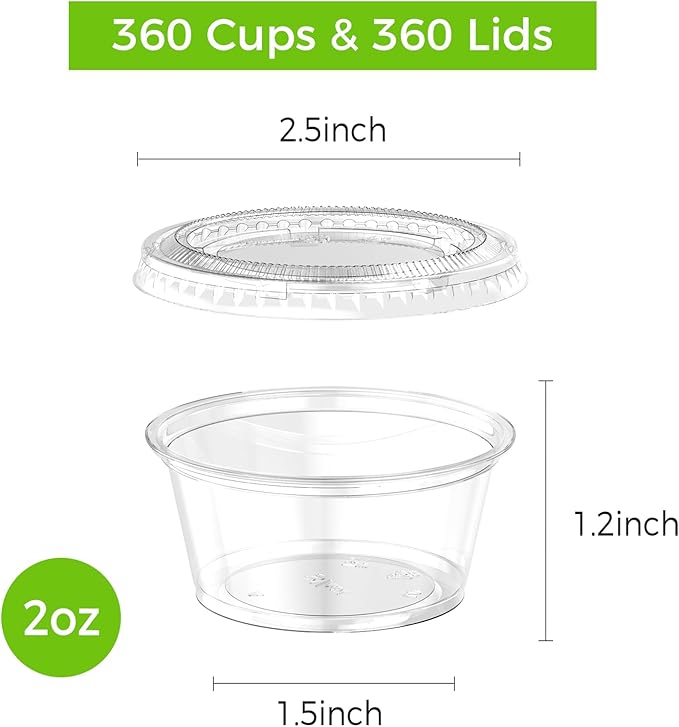 Dealusy 360 Set 2 oz Jello Shot Cups with Lids, Sturdy & Food Safe Disposable Plastic Portion Condiment Dipping Sauce Cups, Small Containers for Salad Dressing