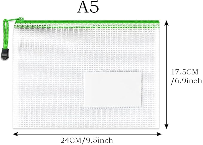 TRANBO 10pcs A5 Mesh Zipper Pouch with Lebal Pocket, Plastic Puzzle Bag for Organization, Clear Travel Pouches File Bag for Office Supplies