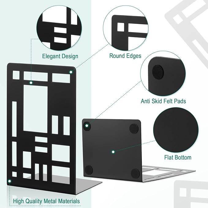 Zonon 6 Pcs Heavy Duty Bookends Decorative Black Metal Bookends for Shelves Book Divider Geometrical Holder Art Design Book Stopper for Home Office School