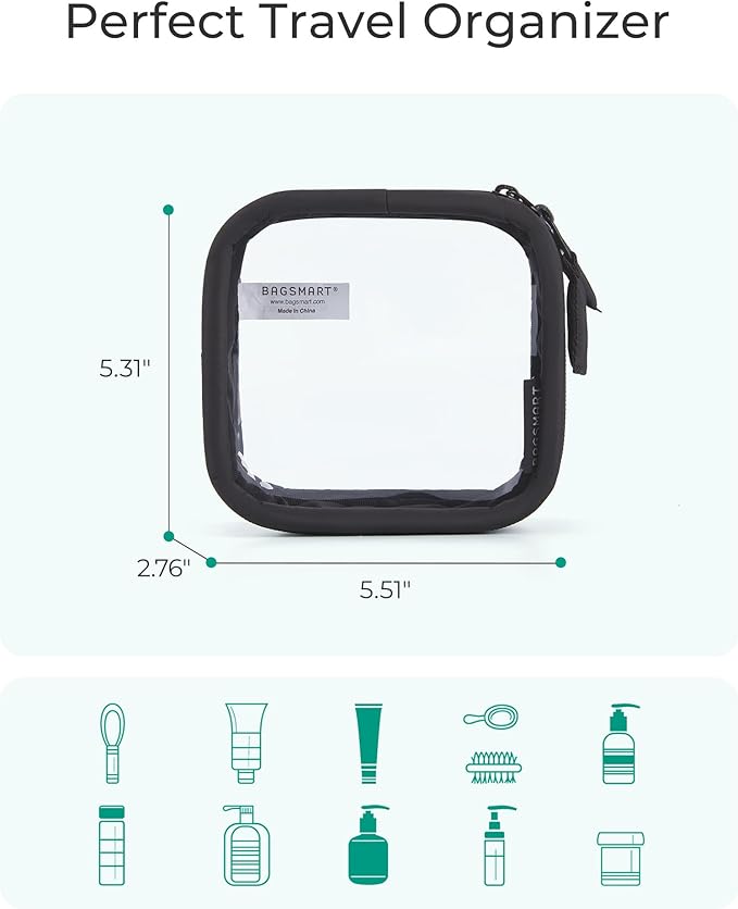 BAGSMART Mini Clear Makeup Bag for Women Portable Travel Toiletry Bag, Cute Small Water-Resistant Cosmetic Bag TSA Approved Clear Makeup Case Pouch with Zipper for Car Essentials (Black)