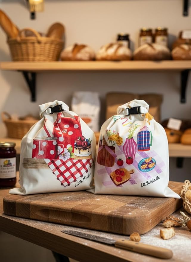 2 XL Beeswax Bread Bags for Homemade Bread, Sourdough – Reusable, Plastic-Free, Keeps Fresh, Washable, Compostable (Beige with Picnic)