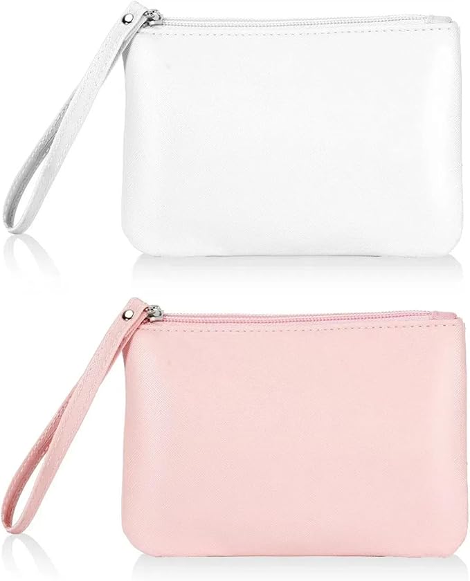 2 Pack Small Zipper Pouch Mini Makeup Bag for Purse Lipstick Cosmetic Travel Make Up Organizer for Women Essentials, Car Change Coin Holder 4.5 x 6.5 Clutch Stadium Approved Wristlet, White Pink