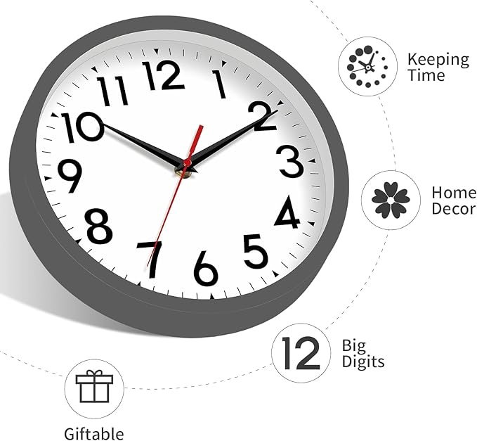 Wall Clock Small Analog 8 Inch Silent Non Ticking Battery Operated Modern Simple Decorative for Kitchen Office Bedroom Bathroom Living Room (Gray)