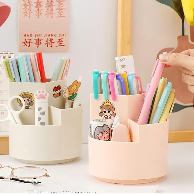 Rotating Pen Holder 3 Compartments, School Supplies Organizer for Pen, Colored Pencil, Art Brushes, Desktop Storage Box in Classroom & Art Studio, Gift for Teachers, Classmates, and Friends ,Pink