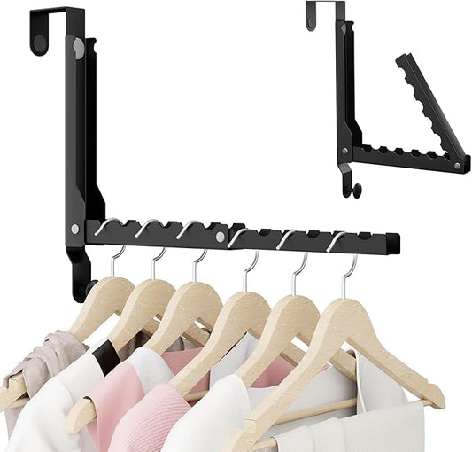 BAKON Over The Door Hangers, Over Door Hooks for Hanging, Small Space Dual Folding Portable Over Door Clothes Hanger for Clothes, Hats, Bags and Towels (1Pack, Black (Update))