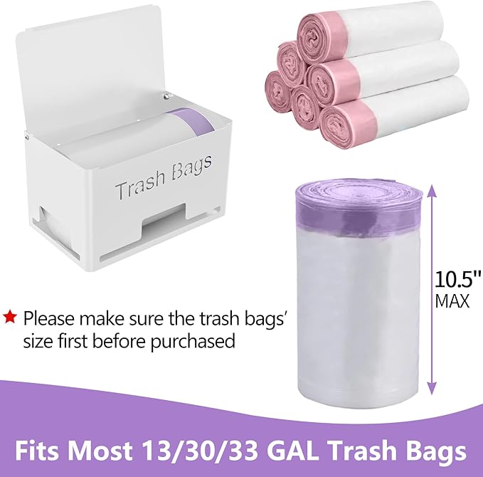 Extra Large Trash Bag Holder Dispenser, Metal Garbage Bag Dispenser Roll Holder, Trash Storage Organizer for Kitchen Laundry Room Under Sink, Wall Mounted or Freestanding, White