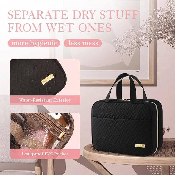 HOTOR Travel Toiletry Bag - Hanging Toiletry Bag for Women & Men, Makeup Bag with Large Compartment, Waterproof for Travel Accessories, Travel Essentials, Large, Black
