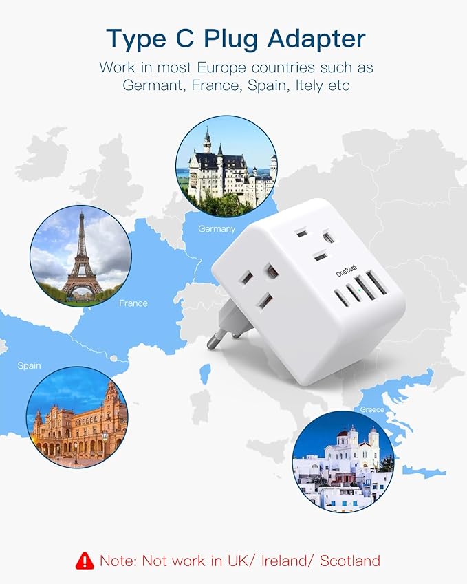 2 Pack European Travel Plug Adapter, International Power Plug Adapter with 3 Outlets 4 USB Charging Ports (2 USB C), Type C Plug Adapter Travel Essentials for Most Europe, EU, Spain, Italy, France, Germany