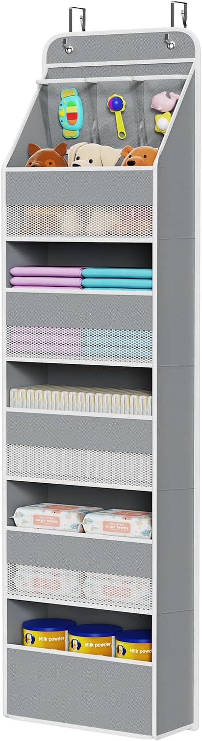 Univivi 6-Shelf Over Door Hanging Organizer Fabric Baby Door Storage with 5 Large Pockets and 3 Small PVC Pockets Wall Mount Hanging Storage Organizers for Baby Essential (Grey)