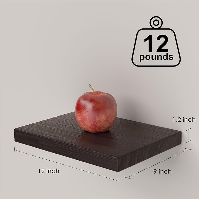 Small Floating Shelves for Wall - 12 x 9 Inch Rustic Brown Shelves for Bedroom, Living Room, Bathroom, Kitchen, Office Decor Set of 3