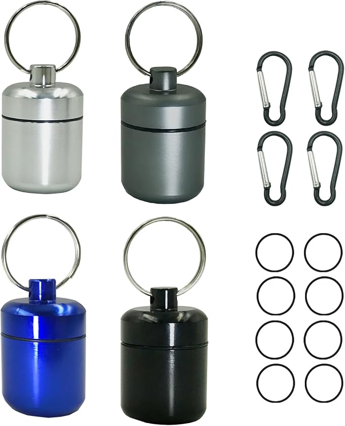 4 Pieces Keychain Pill Holder,Waterproof Seal Small Pill Box Mountaineering Keychain Portable Aluminum Alloy Pill Container Portable Coin Storage earplug case (4se)