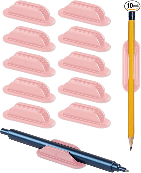 Adhesive Pencil Holders for Desk Set of 10 - Silicone Pen Holder with 15 PCS Adhesive Pads - Flexible Pencil Holder for Office Essentials Accessories and Teacher Supplies, Pink