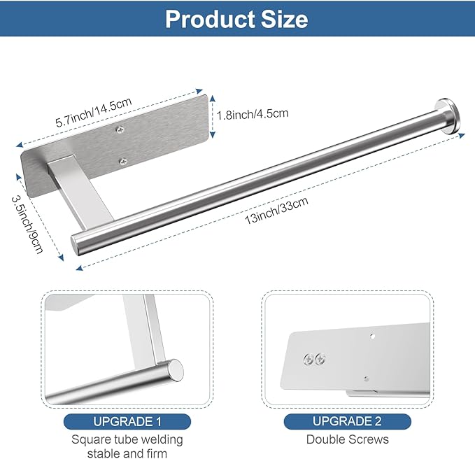 CUXIXA Paper Towel Holder Under Cabinet 2 Pack, Upgraded Adhesive Paper Towel Holder Wall Mount for Kitchen, Bathroom, RV, Bend-Resistant, Self-Adhesive or Drill mounting, Stainless Steel, Silver