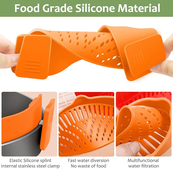 YEVIOR Clip on Strainer for Pots Pan Pasta,Silicone Food Strainer Hands-Free Pan Strainer, Clip-on Kitchen Food Strainer for Spaghetti, Pasta, Ground Beef Fits All Bowls and Pots (Orange)