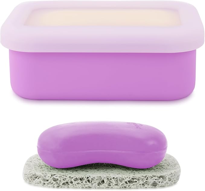 Travel Soap Case, Leak Proof Travel Soap Container, Silicone Soap Box with Drainage Layer, Shatterproof Soap Holder for Travel, Camping, Gym (Purple, Regular)