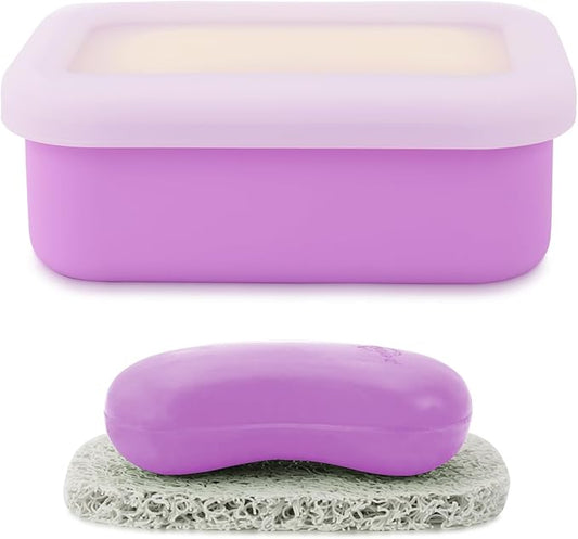 Travel Soap Case, Leak Proof Travel Soap Container, Silicone Soap Box with Drainage Layer, Shatterproof Soap Holder for Travel, Camping, Gym (Purple, Regular)