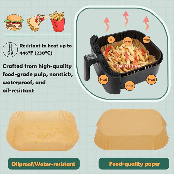 BYKITCHEN Large Air Fryer Liners, 10 Inch Square Air Fryer Liners, XL Airfryer Parchment Paper, Compatible with Corsori, Power XL, Gourmia Airfryer and More (Set of 50)