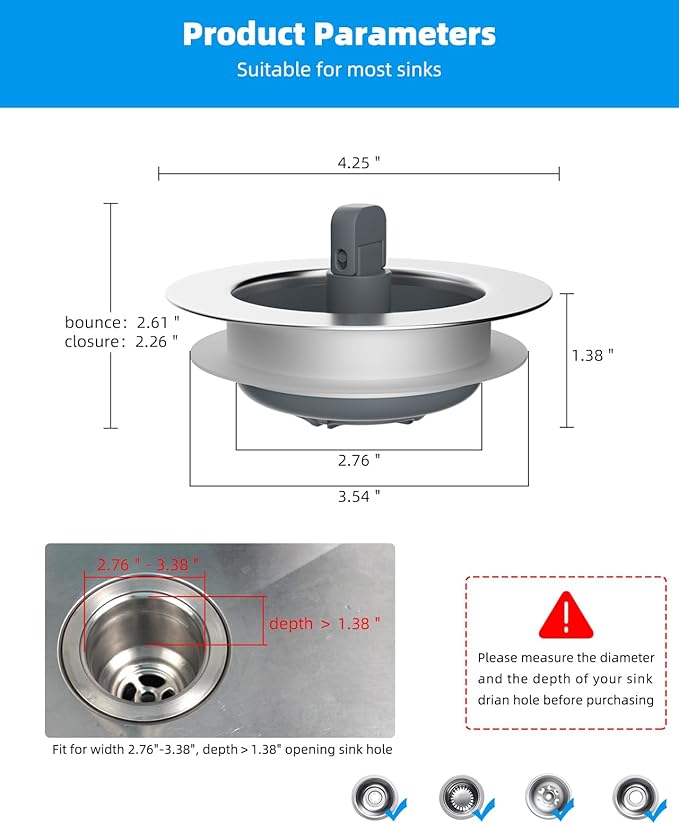 Hibbent 3-in-1 Kitchen Sink Drain Strainer and Stopper Combo, Chrome Stainless Steel Wrapped Shell, Anti-Clogging Basket Strainer with Foldable Handle for US Standard 3-1/2" Drain