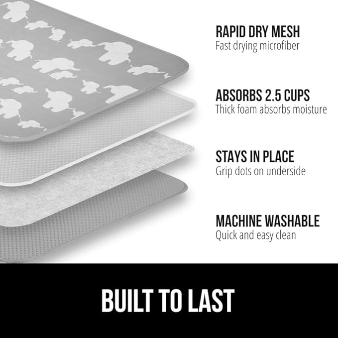 GORILLA GRIP Ultra Water Absorbent Microfiber Dish Drying Mat, 18x24, Quick Dry Thick Mesh, Slip Resistant Pad for Sink Dishes or Under Rack, Kitchen Counter Accessories, Machine Wash Mats, Elephants